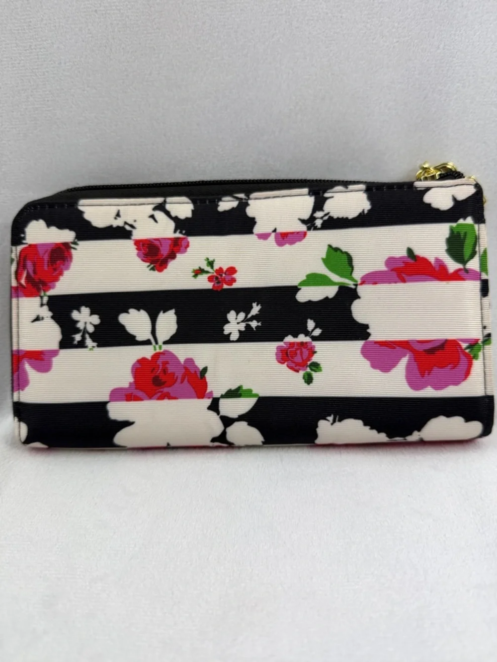 Betsy Johnson LUV Wallet Stripes Floral Zip Wallet Black & White with Pink Roses